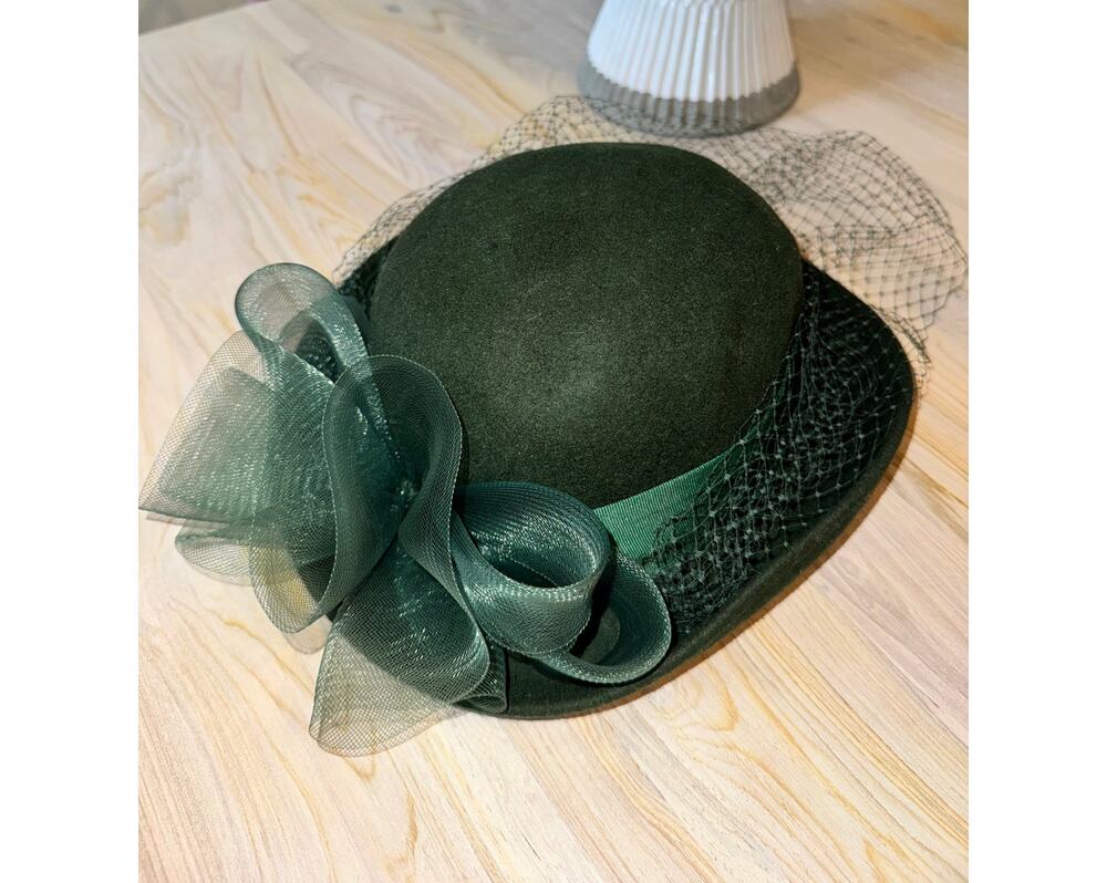 Vintage DEBORAH New York Green Chic Brimmed Flapper Fancy Wool Fabric Hat USA